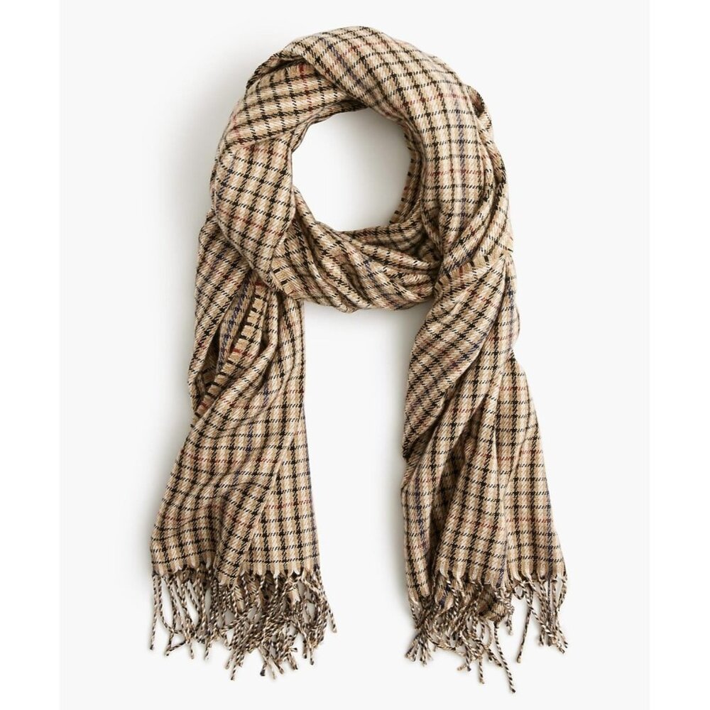 J Crew Plaid Check Scarf Womens One‎ Size Classic Tan Black Fringed Blanket Wrap
